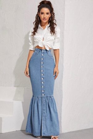 Button Up Denim Mermaid Maxi Skirt - $48